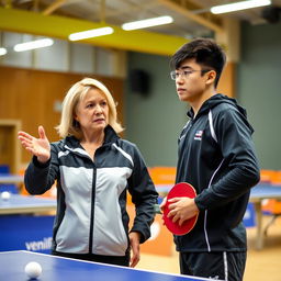 A table tennis coach holding the attention of an athlete, ensuring they are prepared to receive instruction