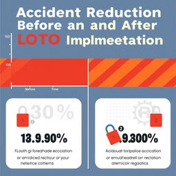 A visually appealing graphic illustrating the reduction of workplace accidents after the implementation of the LOTO (Lockout/Tagout) system