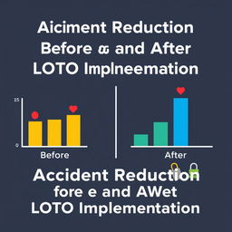 A visually appealing graphic illustrating the reduction of workplace accidents after the implementation of the LOTO (Lockout/Tagout) system
