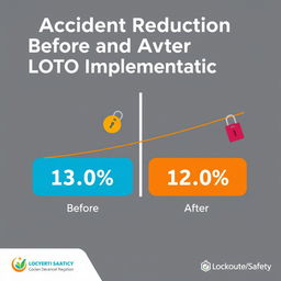 A visually appealing graphic illustrating the reduction of workplace accidents after the implementation of the LOTO (Lockout/Tagout) system