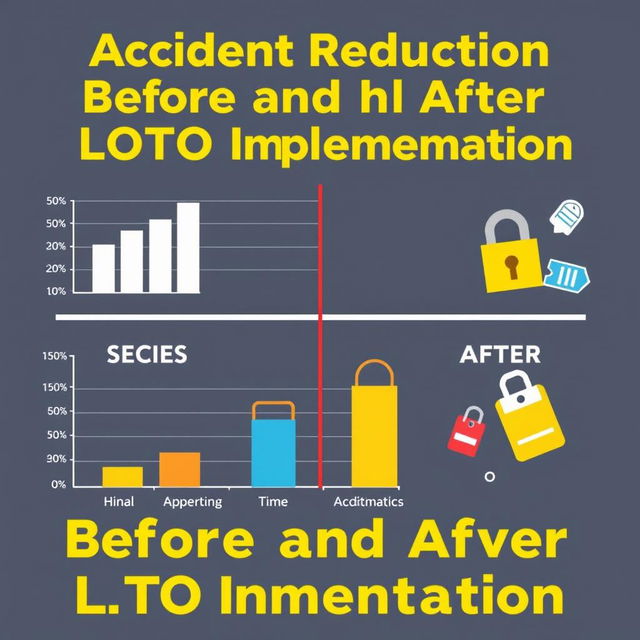 A visually appealing graphic illustrating the reduction of workplace accidents after the implementation of the LOTO (Lockout/Tagout) system