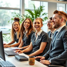 A group of cheerful employees laughing together in a modern office setting