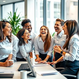 A group of cheerful employees laughing together in a modern office setting
