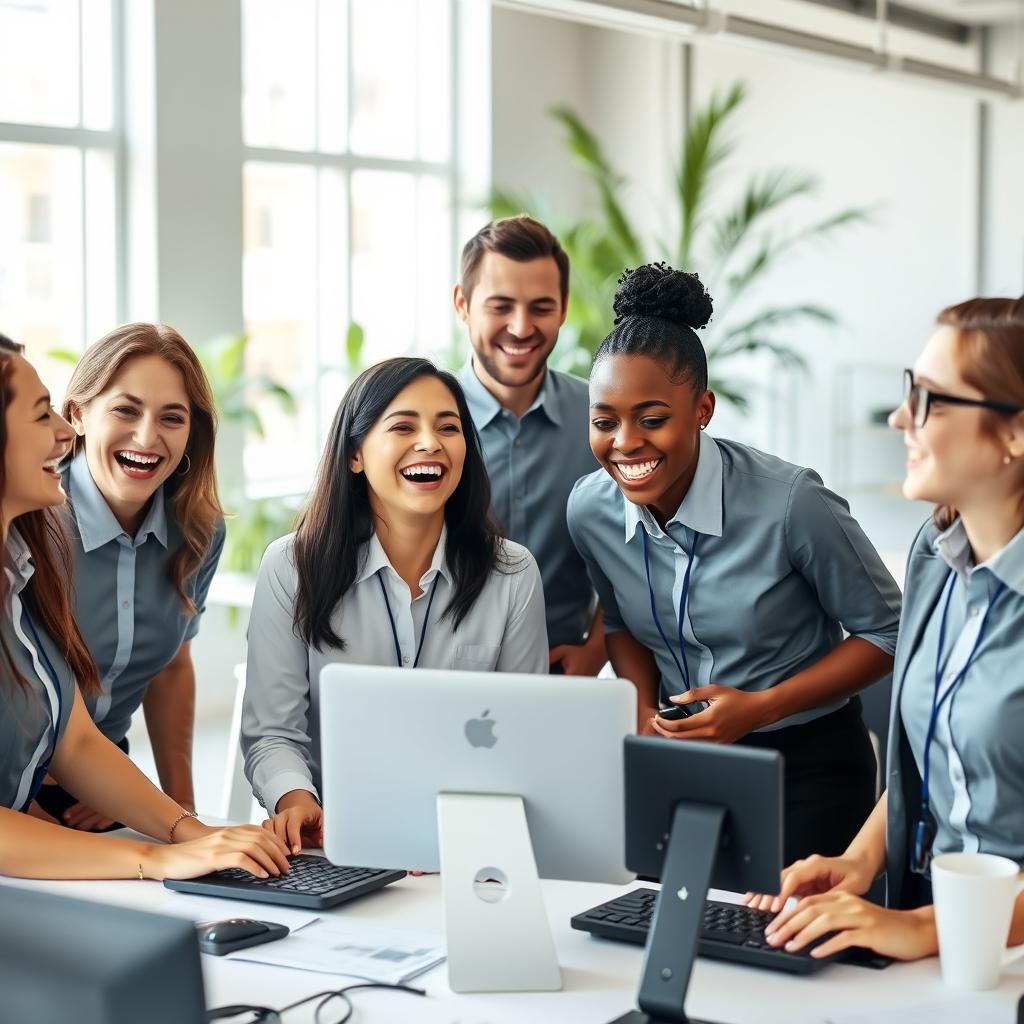 A group of cheerful employees laughing together in a modern office setting