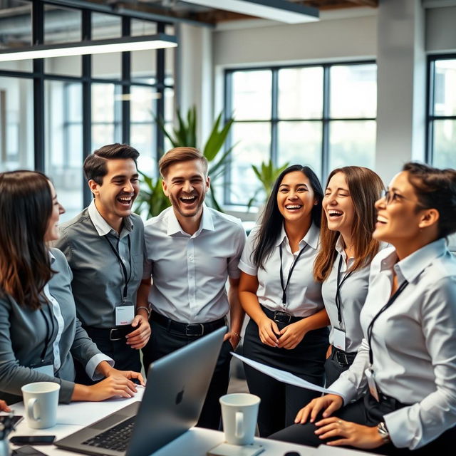 A group of cheerful employees laughing together in a modern office setting