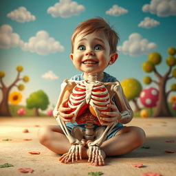 A whimsical scene featuring a child sitting on the ground, holding a realistic skeleton head in their hands