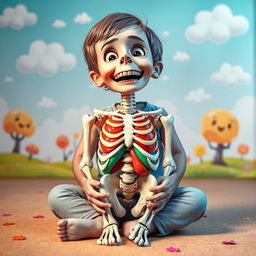 A whimsical scene featuring a child sitting on the ground, holding a realistic skeleton head in their hands