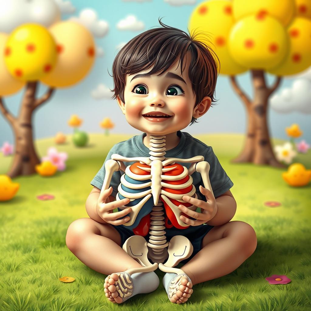 A whimsical scene featuring a child sitting on the ground, holding a realistic skeleton head in their hands