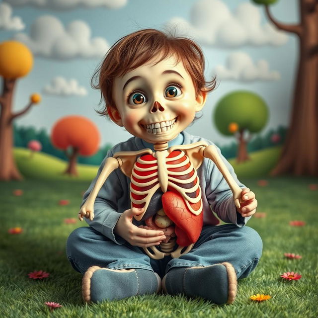 A whimsical scene featuring a child sitting on the ground, holding a realistic skeleton head in their hands