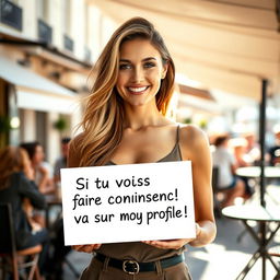 A stunning 30-year-old woman with long, flowing hair stands confidently holding a sign that reads 'Si tu veux faire connaissance, va sur mon profil !'