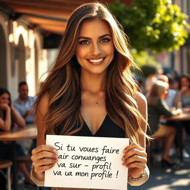 A stunning 30-year-old woman with long, flowing hair stands confidently holding a sign that reads 'Si tu veux faire connaissance, va sur mon profil !'