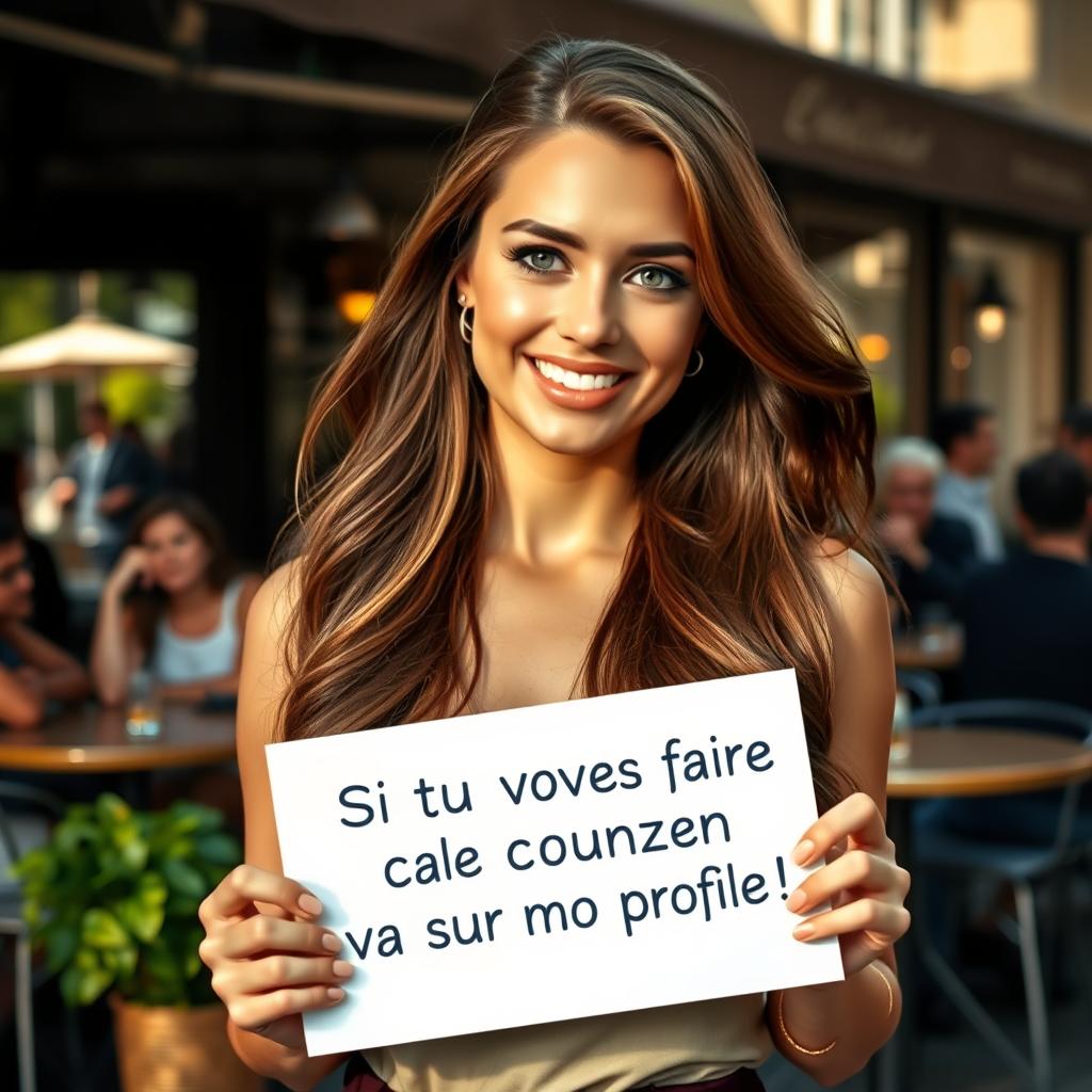 A stunning 30-year-old woman with long, flowing hair stands confidently holding a sign that reads 'Si tu veux faire connaissance, va sur mon profil !'