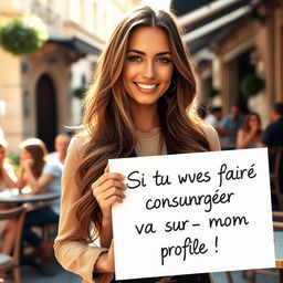 A stunning 30-year-old woman with long, flowing hair stands confidently holding a sign that reads 'Si tu veux faire connaissance, va sur mon profil !'