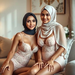 A captivating scene featuring two elegant women wearing exquisite lingerie and stylish hijabs