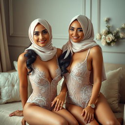 A captivating scene featuring two elegant women wearing exquisite lingerie and stylish hijabs