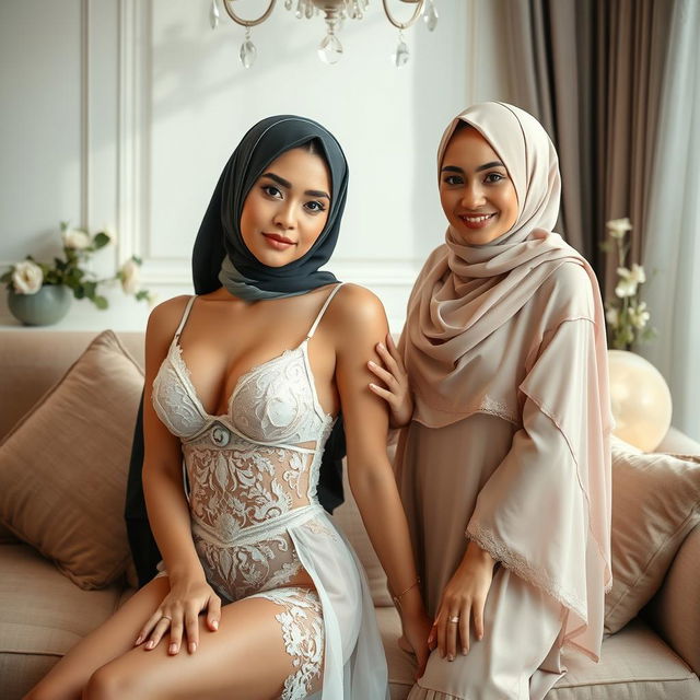 A captivating scene featuring two elegant women wearing exquisite lingerie and stylish hijabs