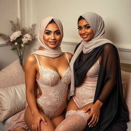A captivating scene featuring two elegant women wearing exquisite lingerie and stylish hijabs