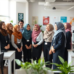 A group of employees laughing together in a bright office space