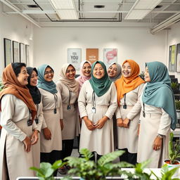 A group of employees laughing together in a bright office space