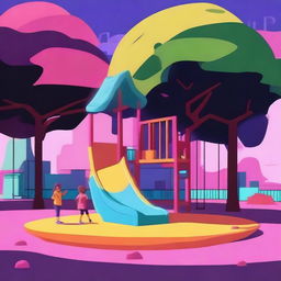 A high-quality digital art piece embodying the aesthetic of Kidcore, set in a playground with a dark twist