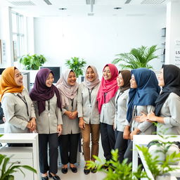 A group of employees laughing together in a bright office space