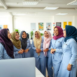A group of employees laughing together in a bright office space