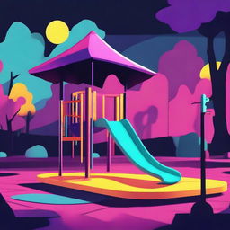 A high-quality digital art piece embodying the aesthetic of Kidcore, set in a playground with a dark twist