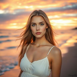 A stunning close-up portrait of a female model with flowing long hair standing by the beach during sunset