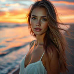 A stunning close-up portrait of a female model with flowing long hair standing by the beach during sunset