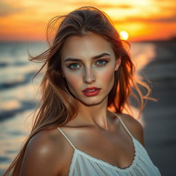 A stunning close-up portrait of a female model with flowing long hair standing by the beach during sunset