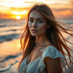 A stunning close-up portrait of a female model with flowing long hair standing by the beach during sunset