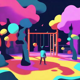 A high-quality digital art piece embodying the aesthetic of Kidcore, set in a playground with a dark twist