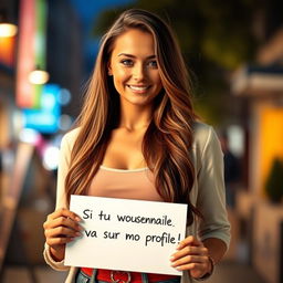 A stunning 30-year-old woman with long, flowing hair standing confidently, holding a sign that reads "Si tu veux faire connaissance, va sur mon profil !" Her expression is welcoming and friendly, dressed in a stylish and attractive outfit that accentuates her beauty