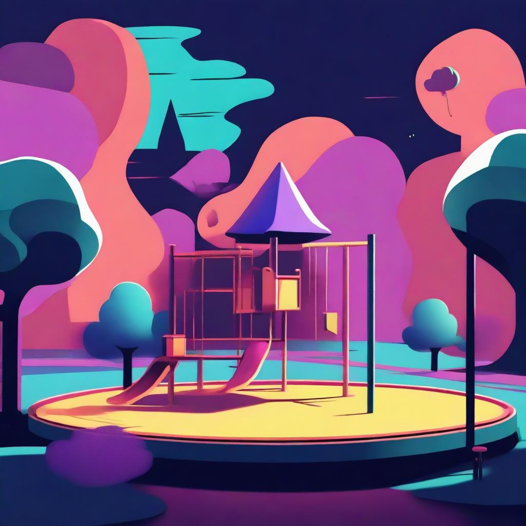 A high-quality digital art piece embodying the aesthetic of Kidcore, set in a playground with a dark twist