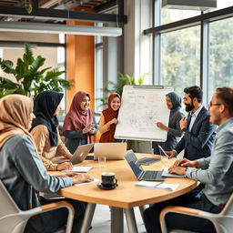 A vibrant office scene depicting Muslim colleagues engaging in collaborative activities
