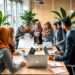 A vibrant office scene depicting Muslim colleagues engaging in collaborative activities