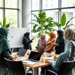 A vibrant office scene depicting Muslim colleagues engaging in collaborative activities