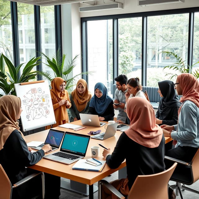 A vibrant office scene depicting Muslim colleagues engaging in collaborative activities