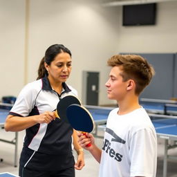 A table tennis coach demonstrating techniques to an athlete, focusing on how to hold the racket and the correct hand positioning for a forehand shot