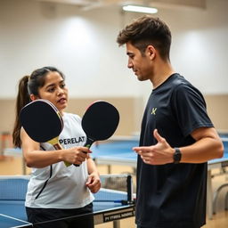 A table tennis coach demonstrating techniques to an athlete, focusing on how to hold the racket and the correct hand positioning for a forehand shot