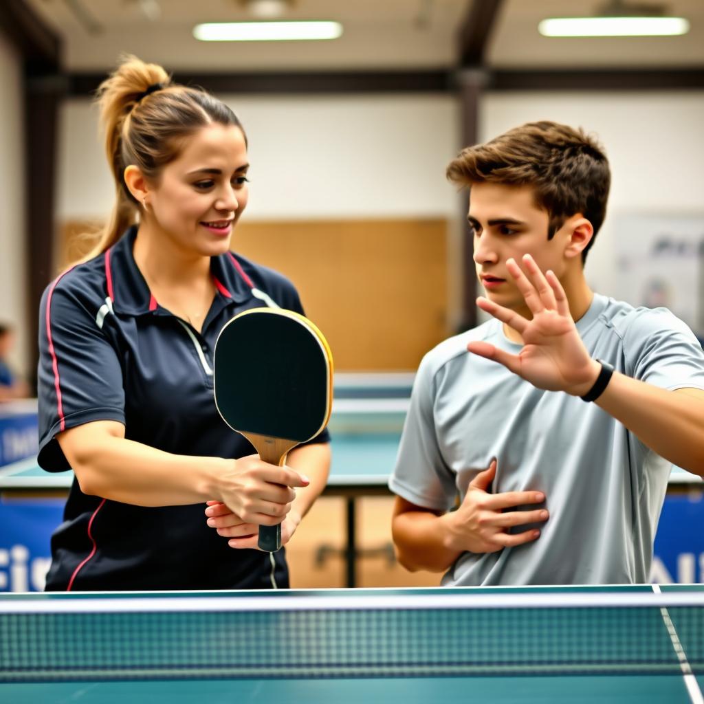 A table tennis coach demonstrating techniques to an athlete, focusing on how to hold the racket and the correct hand positioning for a forehand shot