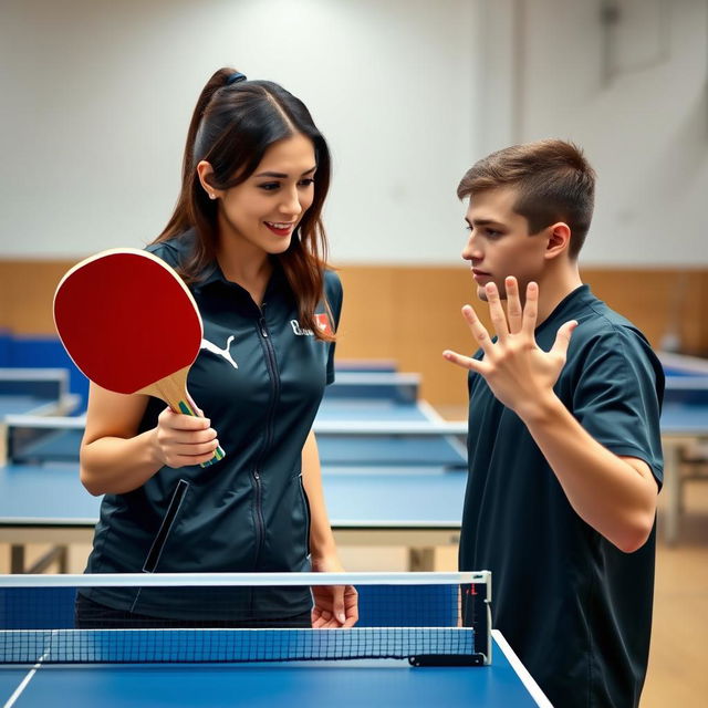 A table tennis coach demonstrating techniques to an athlete, focusing on how to hold the racket and the correct hand positioning for a forehand shot