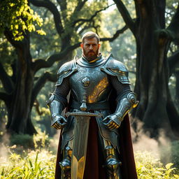 A fierce knight standing majestically in a lush, green forest, wearing a shining suit of armor with intricate engravings