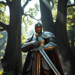 A fierce knight standing majestically in a lush, green forest, wearing a shining suit of armor with intricate engravings