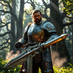 A fierce knight standing majestically in a lush, green forest, wearing a shining suit of armor with intricate engravings