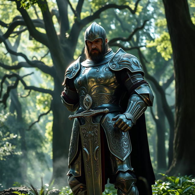 A fierce knight standing majestically in a lush, green forest, wearing a shining suit of armor with intricate engravings