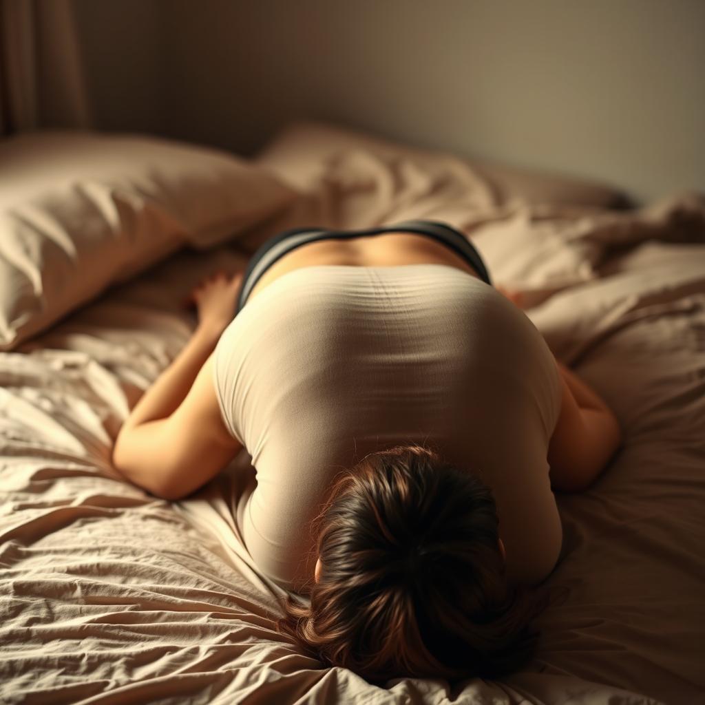 A full-body image of a woman lying face down on a bed, wearing a tight wrap skirt and a bra, showcasing a realistic portrayal