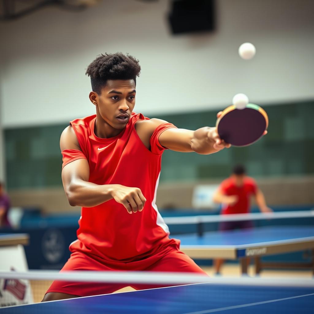 An action shot of a table tennis player executing a forehand shot