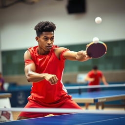 An action shot of a table tennis player executing a forehand shot