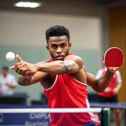 An action shot of a table tennis player executing a forehand shot